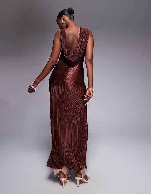 ASOS DESIGN plisse cross front maxi dress with draped back in chocolate
