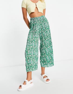 Asos Design Plisse Culotte Pants With Whimsy Floral Print In Blue-multi In Multi
