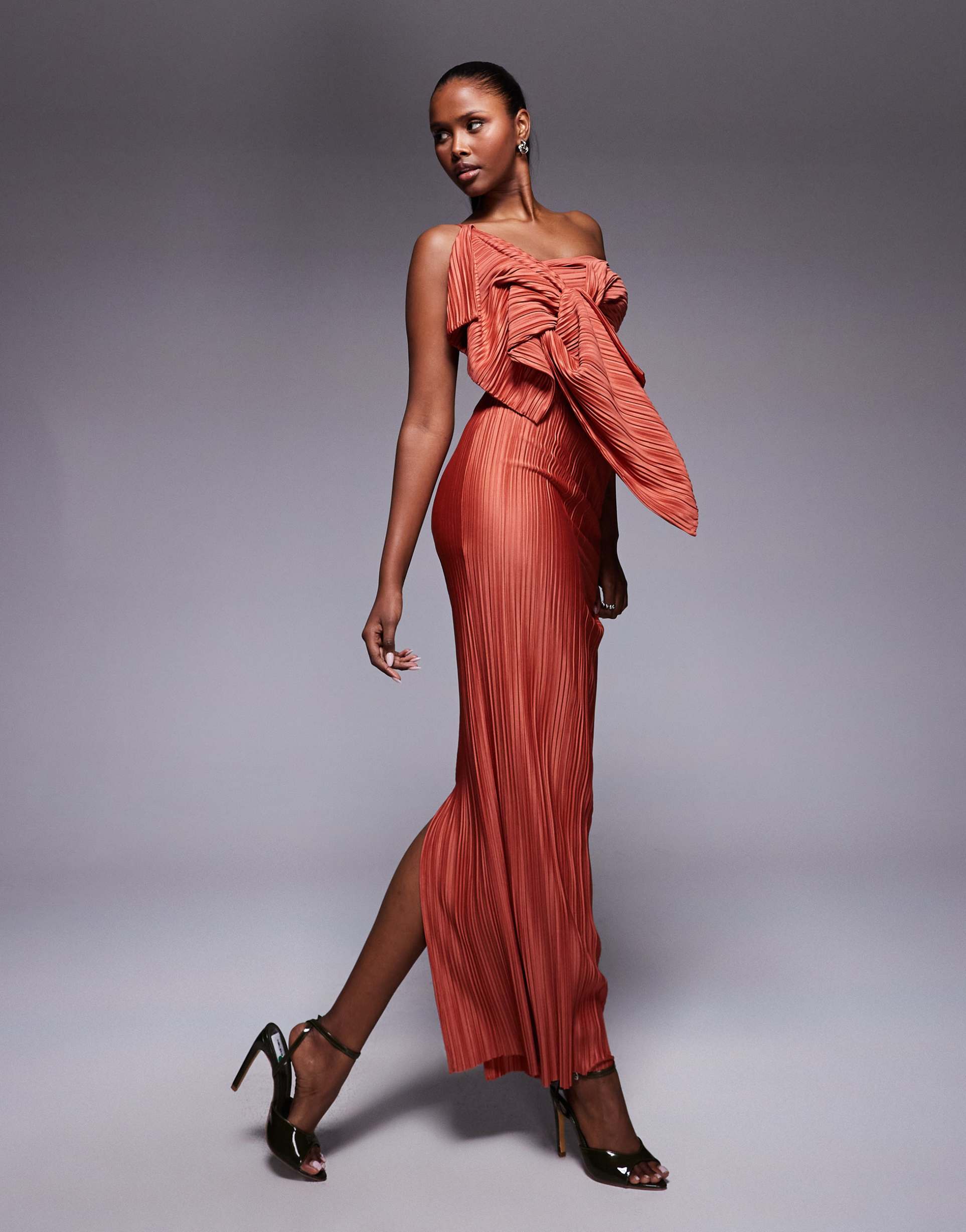 asos design plisse cut out bandeau maxi dress with twist detail in rust