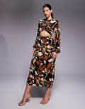 [ASOS DESIGN] ASOS DESIGN plisse cut out bow front midi dress in dark floral-Multi 6 Dark floral