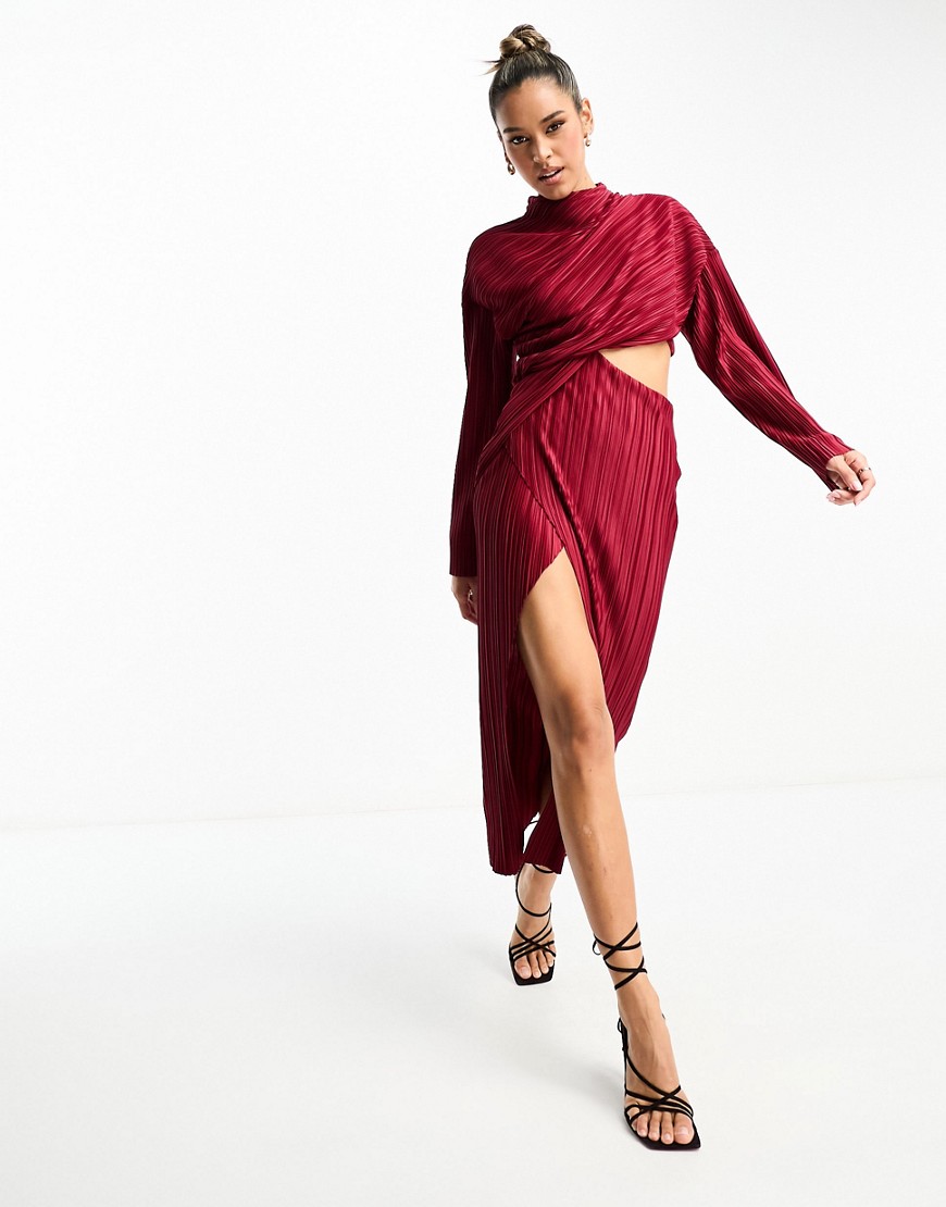 ASOS DESIGN plisse cut out dress with wide sleeve and side twist maxi dress in wine-Green