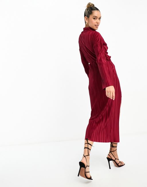 ASOS DESIGN plisse cut out dress with wide sleeve and side twist maxi dress  in wine