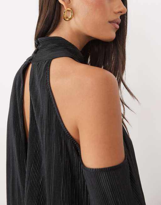 ASOS DESIGN plisse cut out sleeve bubble dress in black, 2 of 4