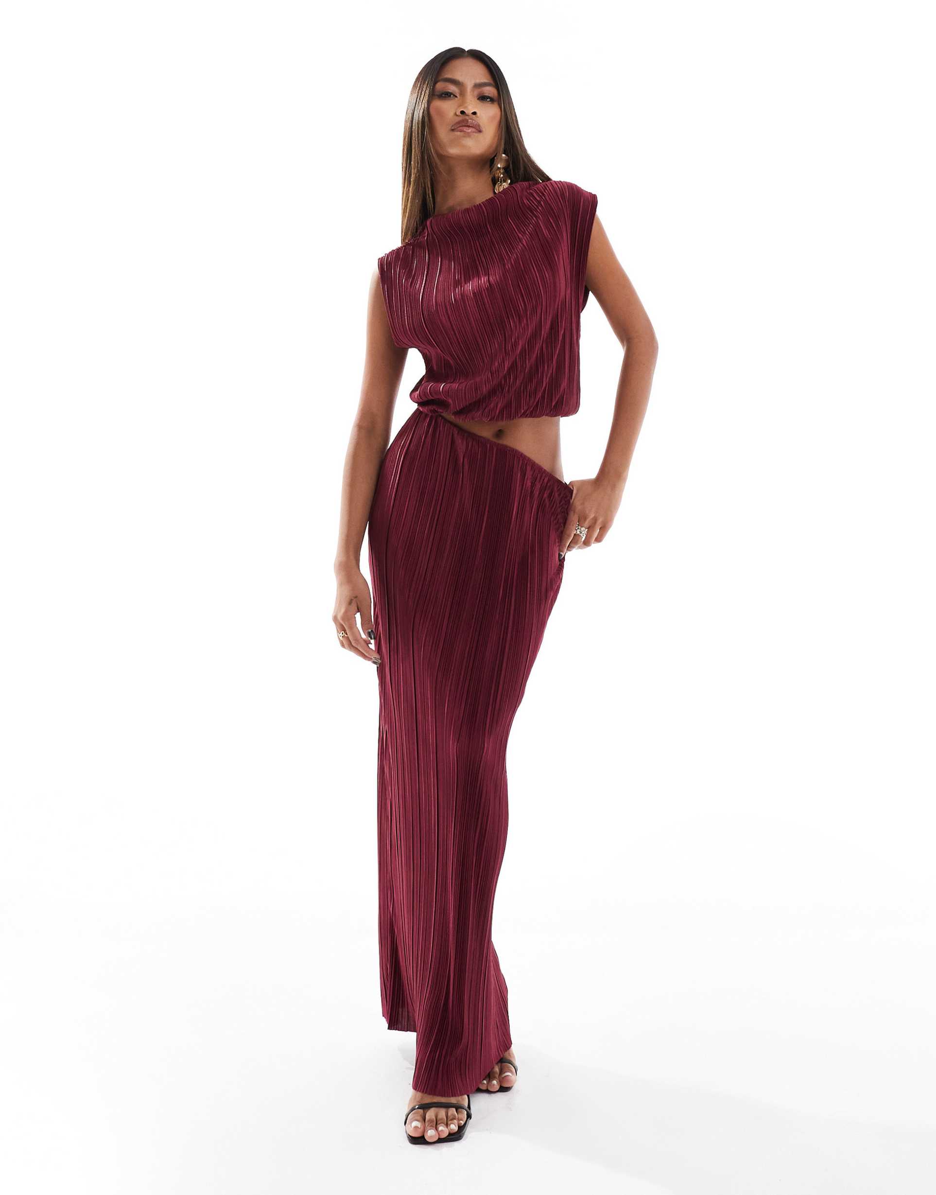 asos design plisse cutout detail maxi dress in burgundy