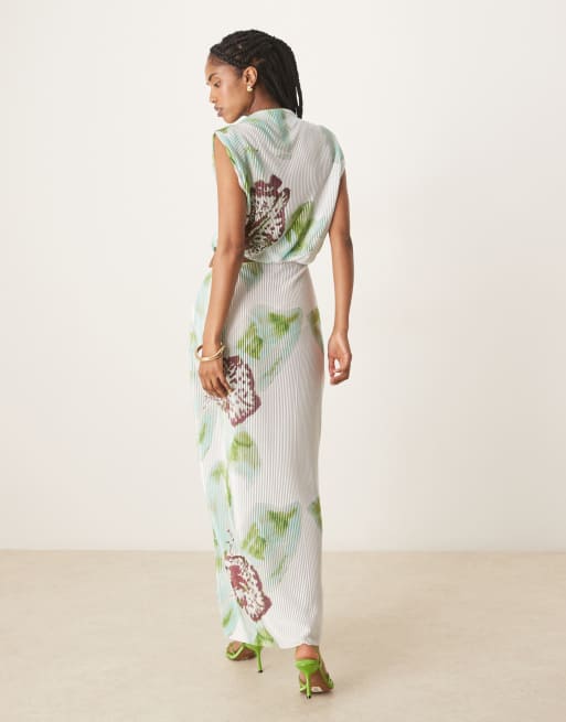green ombre print plisse cut out strappy maxi dress Green Ombre Pleated Maxi Dress