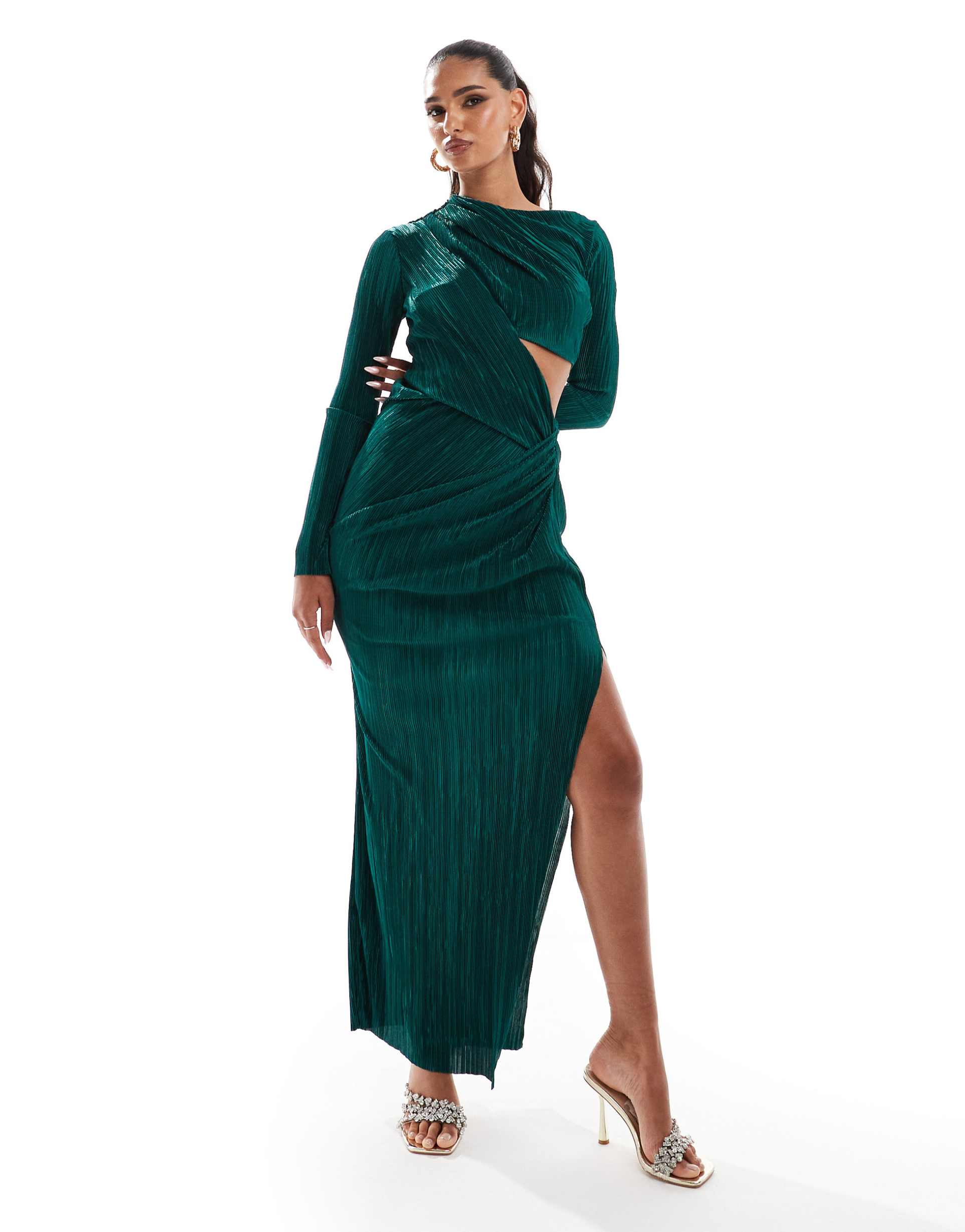 asos design plisse drape cut out detail midi dress in bottle green