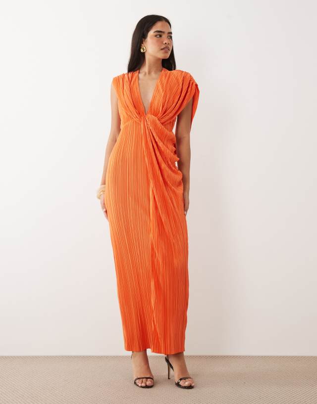 asos halter pleated maxi dress DESIGN plisse drape neck in orange Plisse halter