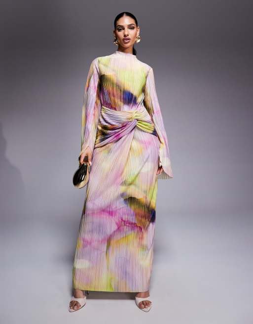 ASOS DESIGN plisse drape long sleeve maxi dress in pastel blurred print