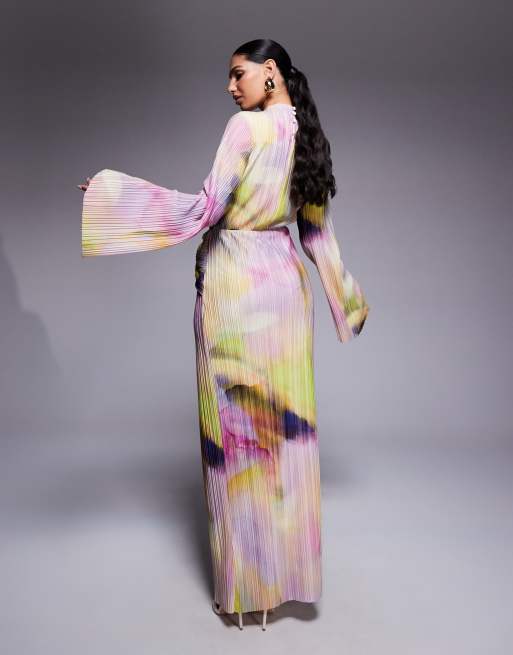 ASOS DESIGN plisse drape long sleeve maxi dress in pastel blurred print