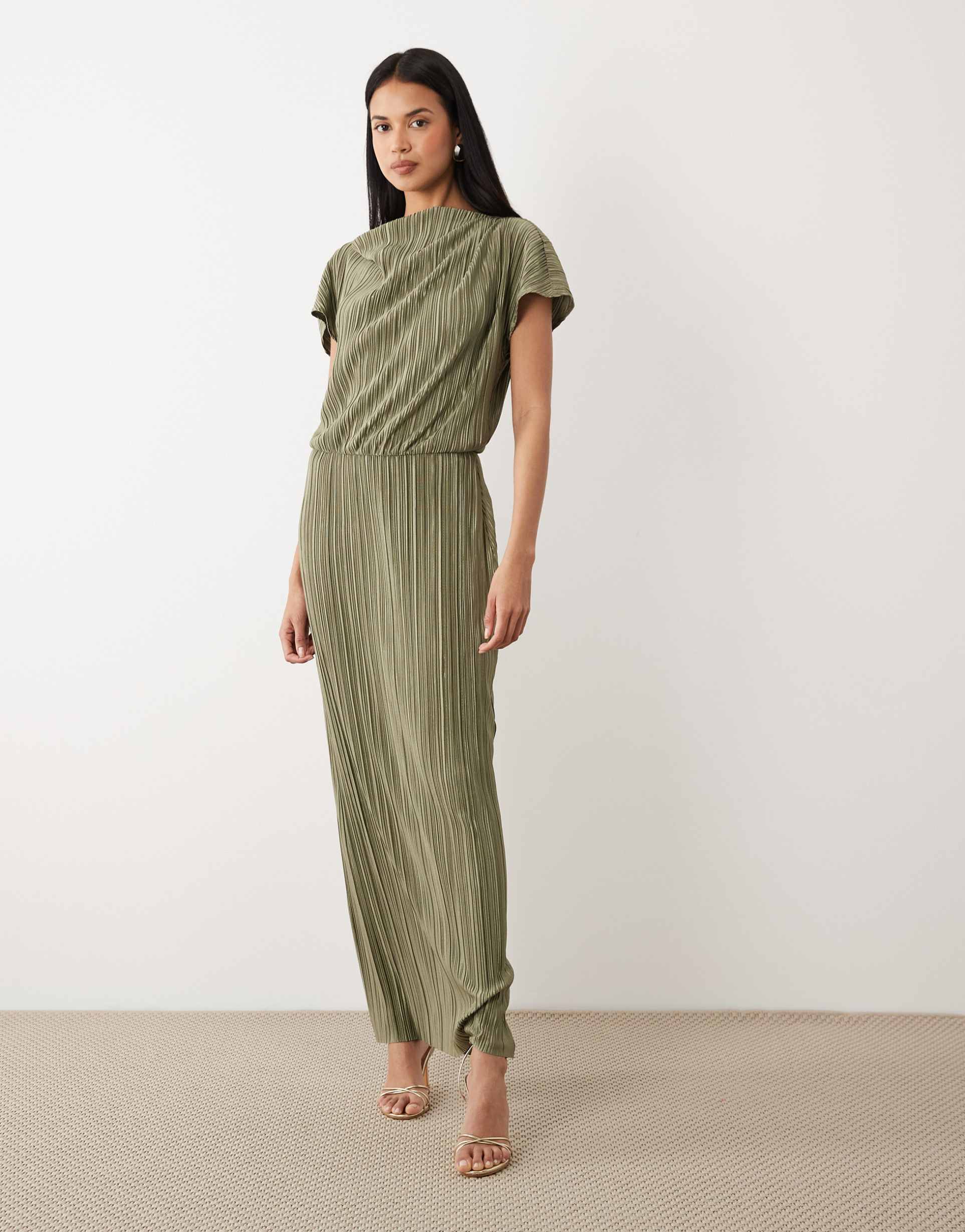 asos design plisse draped waist midi dress in khaki