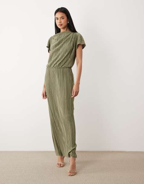 ASOS DESIGN plisse draped waist midi dress in khaki