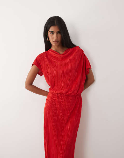 ASOS DESIGN plisse draped waist midi dress in red, 2 of 4