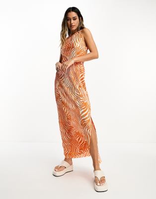 Asos Design Plisse Elastic Strappy Back Midi Dress In Orange Zebra-multi
