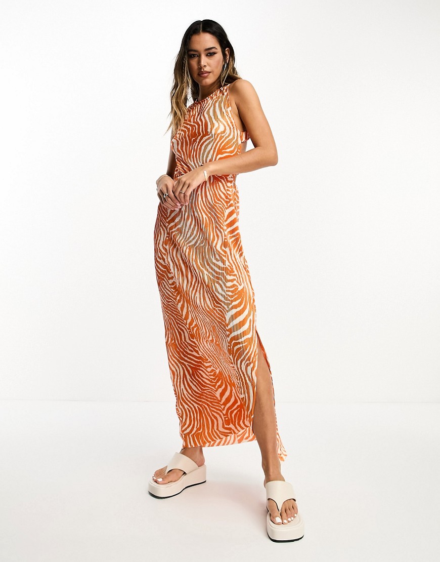 ASOS DESIGN plisse elastic strappy back midi dress in orange zebra-Multi