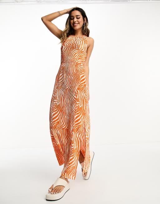 ASOS DESIGN plisse elastic strappy back midi dress in orange zebra