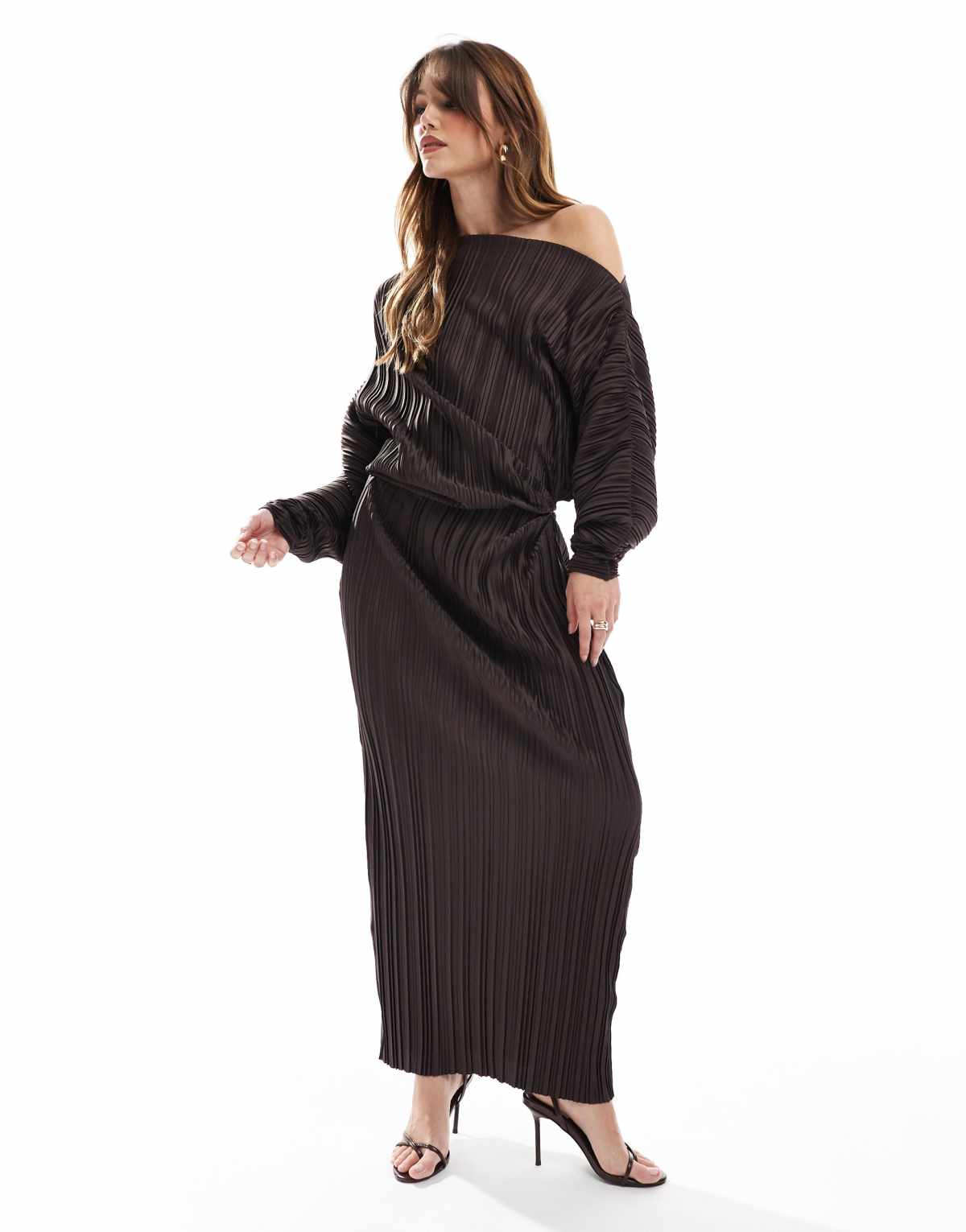 ASOS DESIGN plisse fallen shoulder long sleeve midi dress in chocolate
