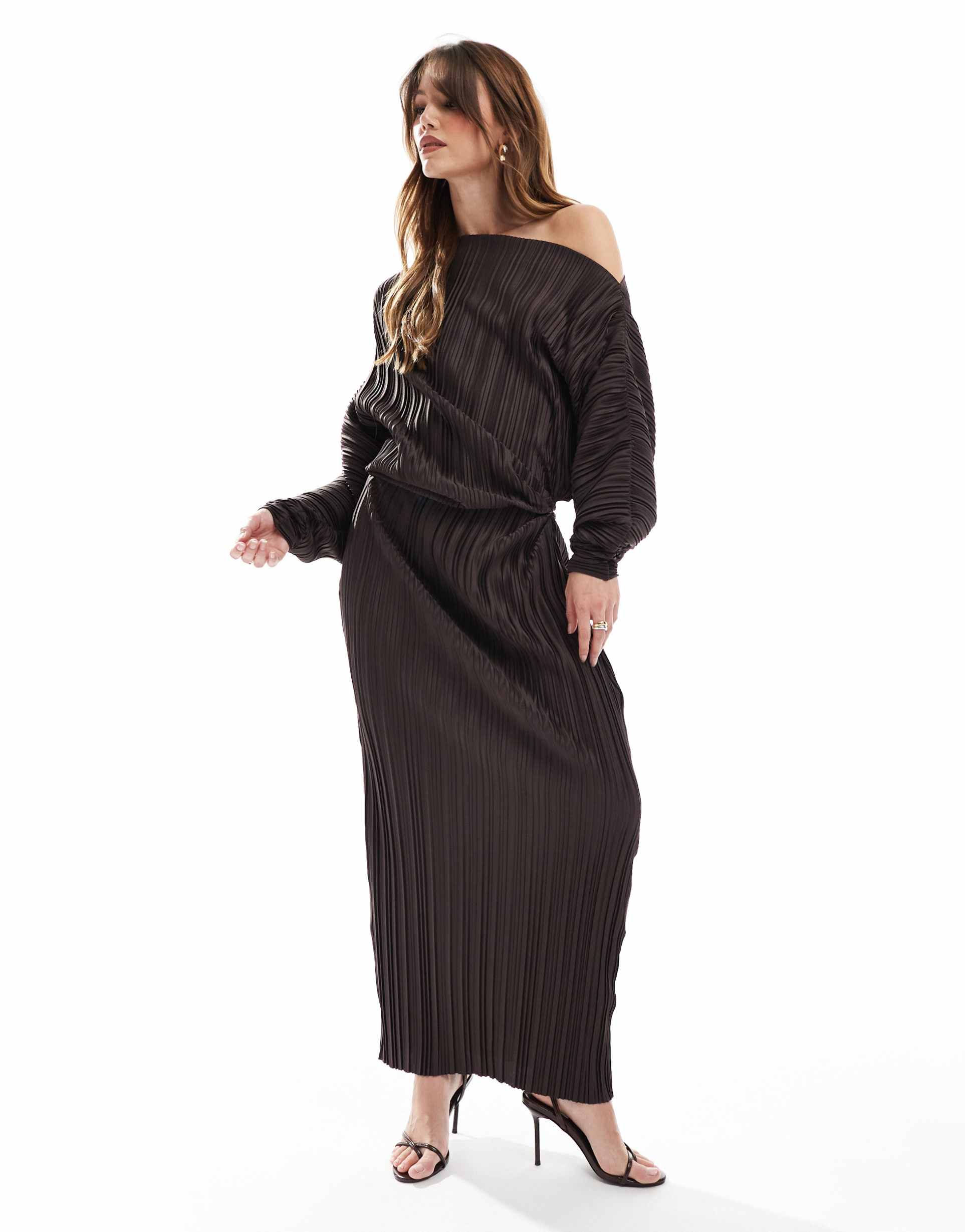 asos design plisse fallen shoulder long sleeve midi dress in chocolate