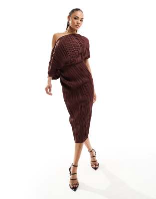 ASOS DESIGN plisse fallen shoulder midi dress in chocolate