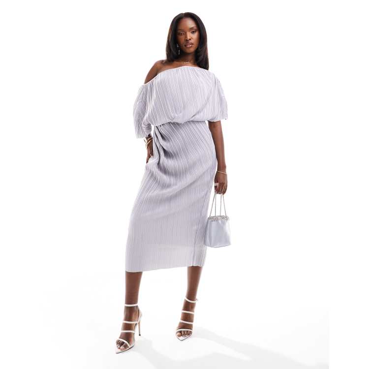 ASOS DESIGN plisse fallen shoulder midi dress in light gray | ASOS