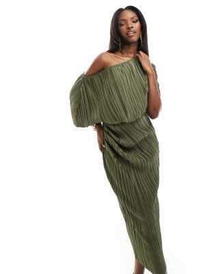 Asos Design Plisse Fallen Shoulder Midi Dress In Olive-green In Green