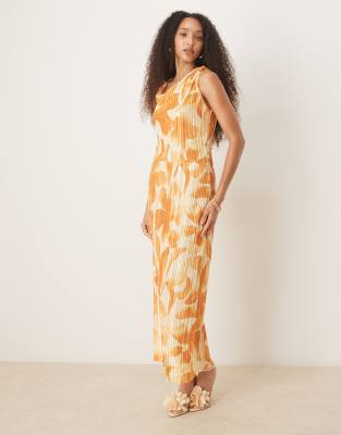 ASOS DESIGN plisse fallen shoulder midi dress in orange flower print | ASOS