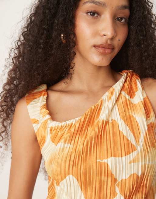 ASOS Design Plisse Fallen Shoulder Midi Dress in Orange Flower print-Multi