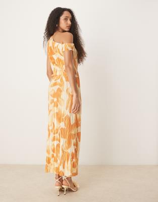ASOS Design plisse fallen shoulder midi dress in orange flower print-Multi