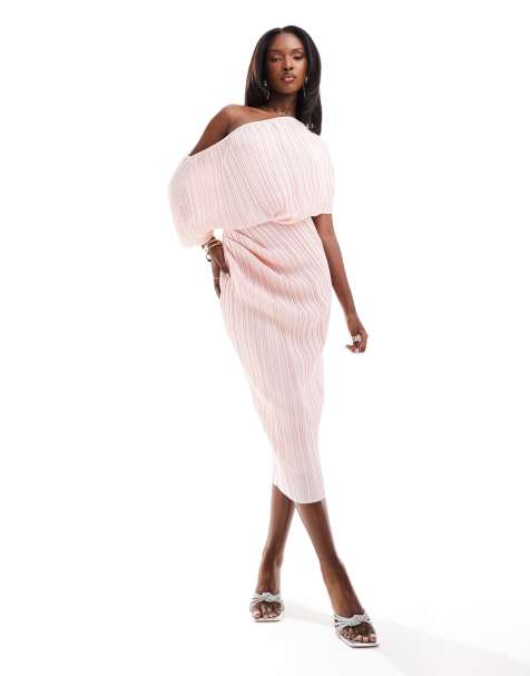 ASOS DESIGN plisse fallen shoulder midi dress in pale pink  - view 1