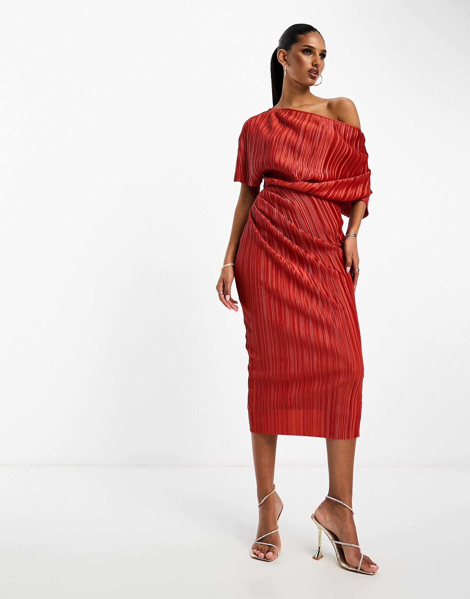 asos design plisse fallen shoulder midi dress in rust