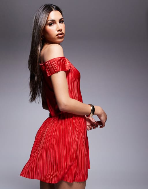ASOS DESIGN plisse fallen shoulder mini dress in red, 4 of 4