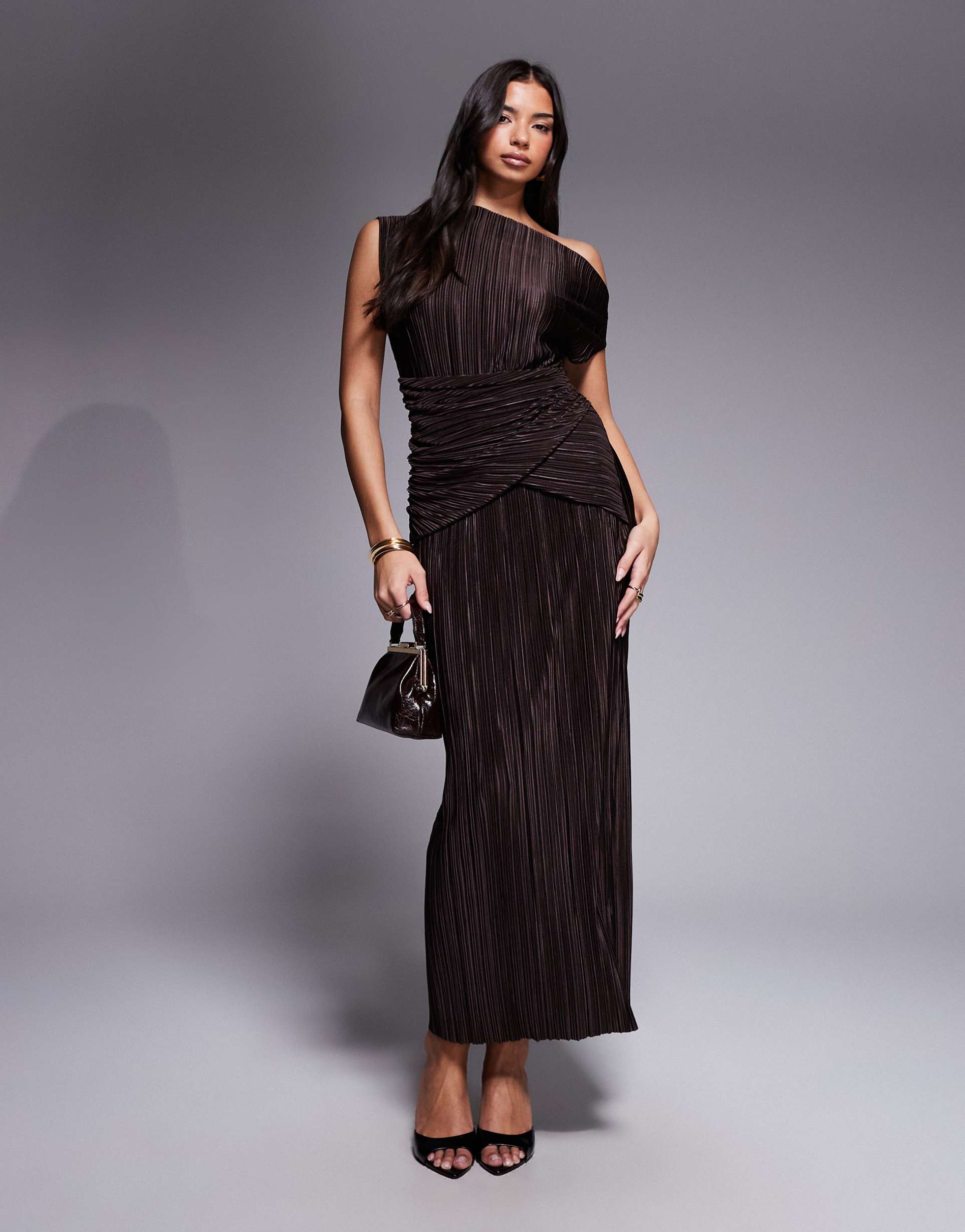 asos design plissé fallen shoulder pencil maxi dress with twisted waist detailing in chocolate
