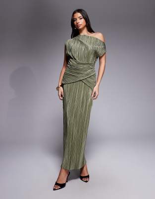 Asos Design Plissé Fallen Shoulder Pencil Maxi Dress With Twisted Waist Detailing In Green