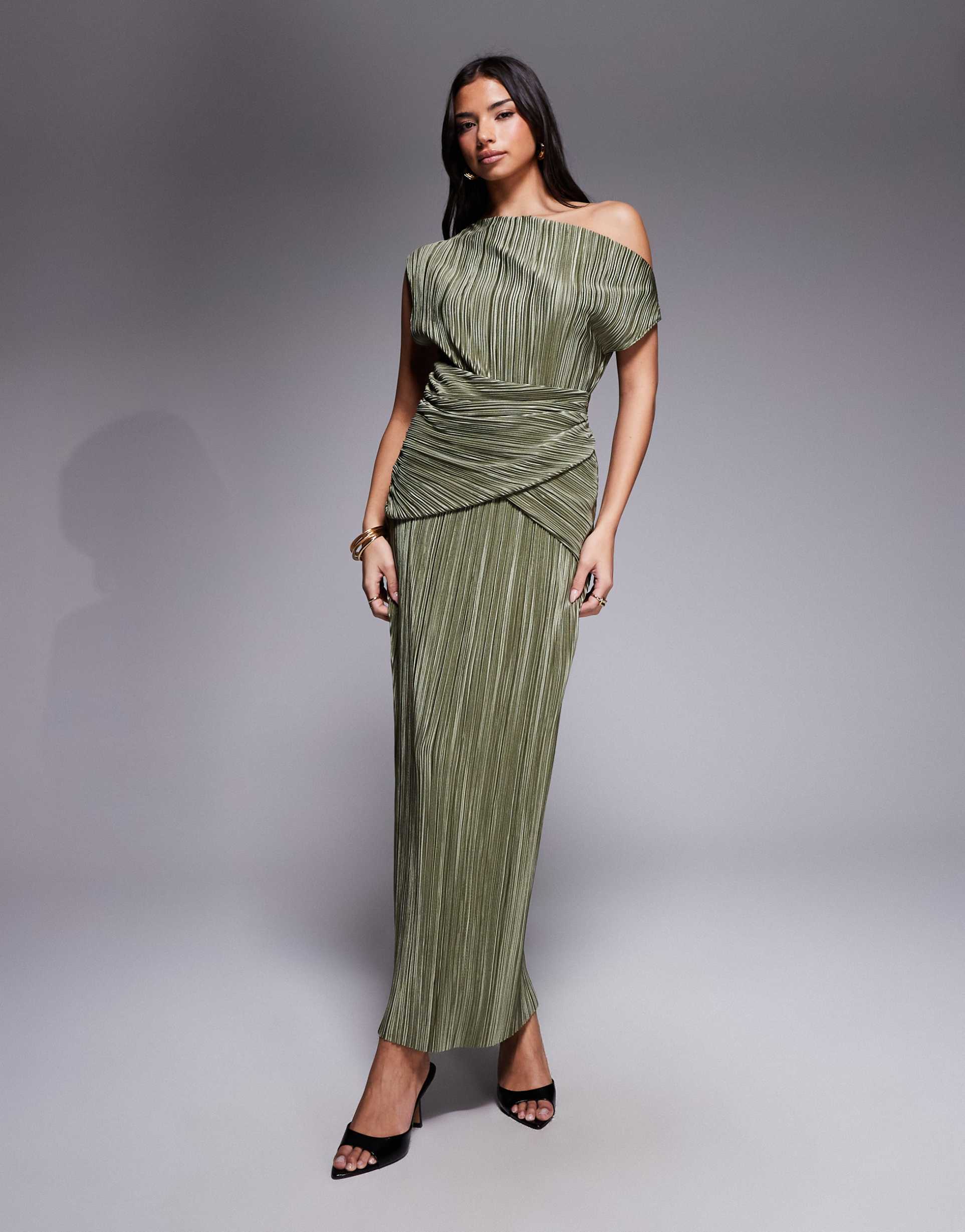 asos design plissé fallen shoulder pencil maxi dress with twisted waist detailing in soft khaki green