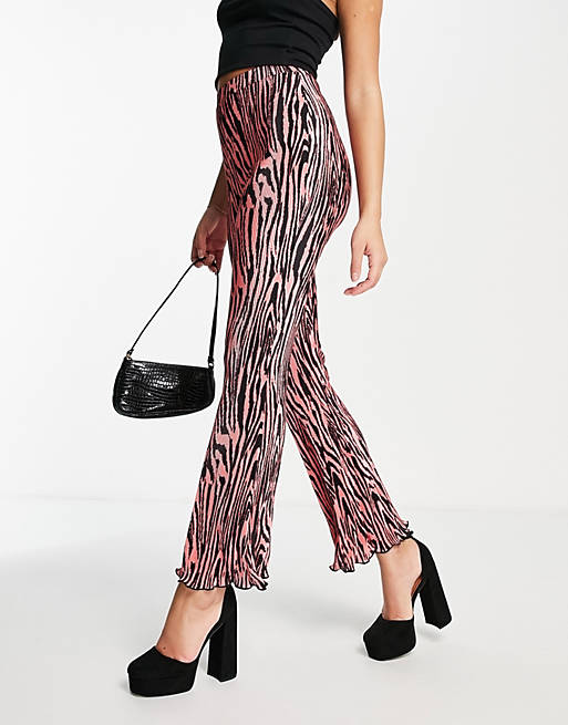  plisse flare trouser in pink and black animal print 