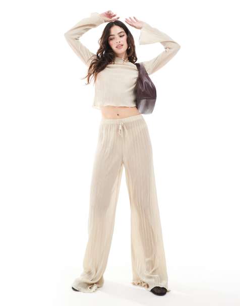 ASOS DESIGN plisse fluted long sleeve top and trouser in cream - view 1