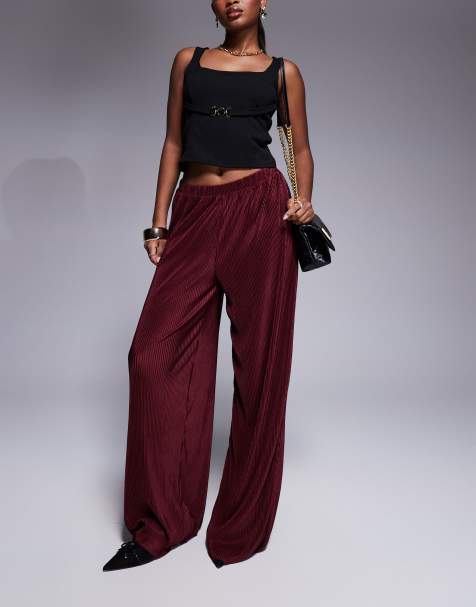 ASOS DESIGN plisse full length trouser in burgundy