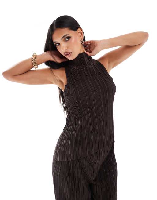 ASOS DESIGN plisse grown on neck halter asymmetric hem top in chocolate (part of a set)
