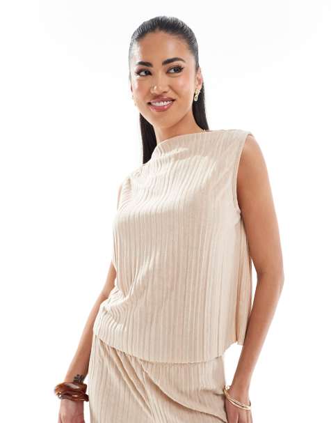 ASOS DESIGN plisse grown on neck sleeveless top co ord in pink - view 1