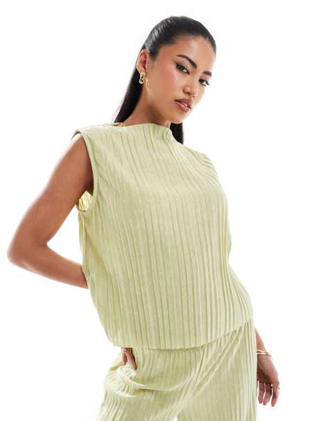 ASOS DESIGN plisse grown on neck sleeveless top in green - part of a set - view 1