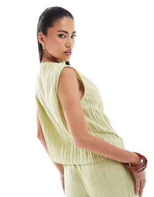 Asos Design Plisse Grown On Neck Sleeveless Top In Green