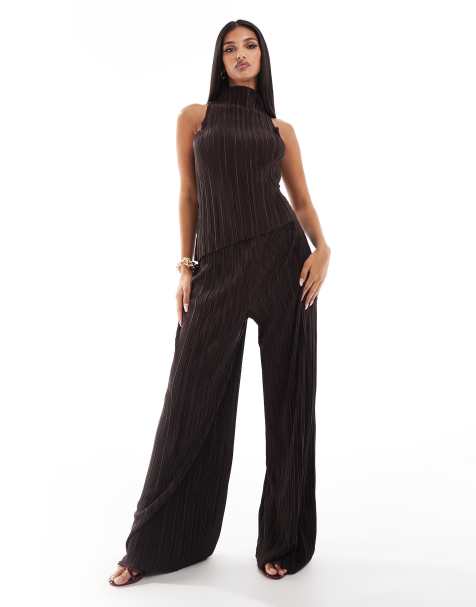 ASOS DESIGN plisse halter asymmetric hem top and straight leg pants set in chocolate - view 1