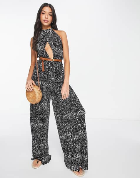 ASOS DESIGN plisse halter cut out jumpsuit with belt in spot print - view 1