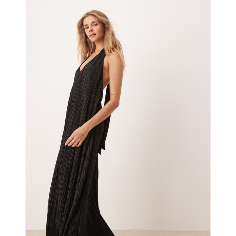 slim fit dress slacks Rent ASOS DESIGN Halter Neck Grecian Pleated Skirt Maxi Dress In Pastel  Blue main image 1
