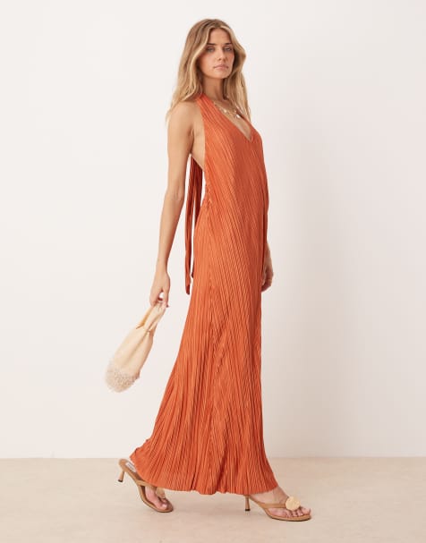 ASOS DESIGN plisse halter maxi dress in rust - view 1
