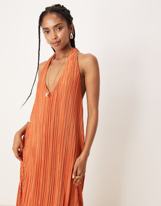 ASOS DESIGN plisse halter maxi dress in rust