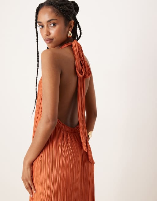 ASOS DESIGN plisse halter maxi dress in rust