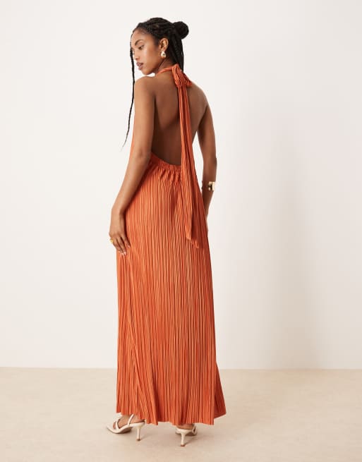 ASOS DESIGN plisse halter maxi dress in rust