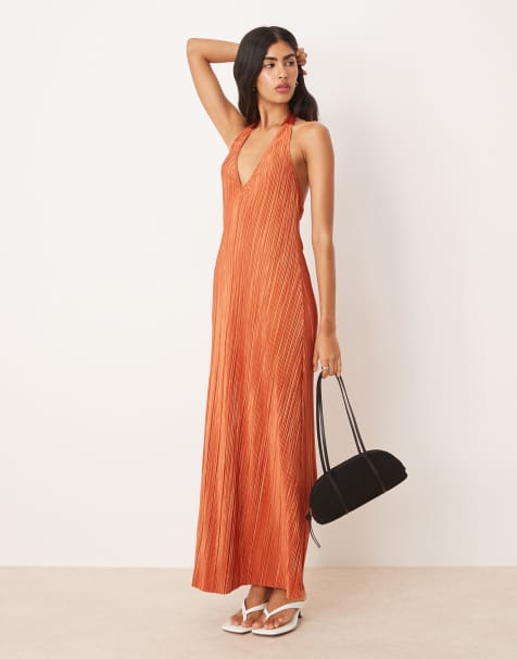 ASOS DESIGN plisse halter maxi dress in rust - view 1