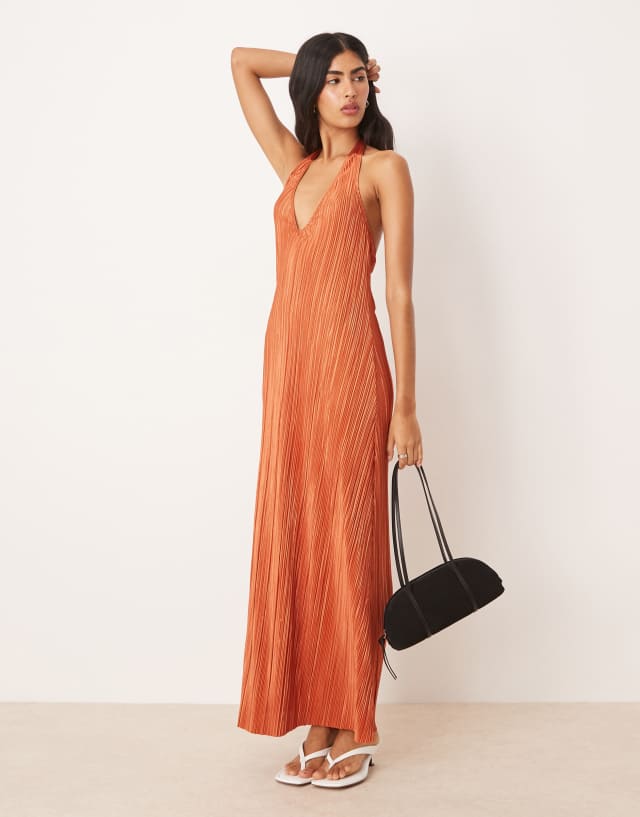 ASOS DESIGN plisse halter maxi dress in rust