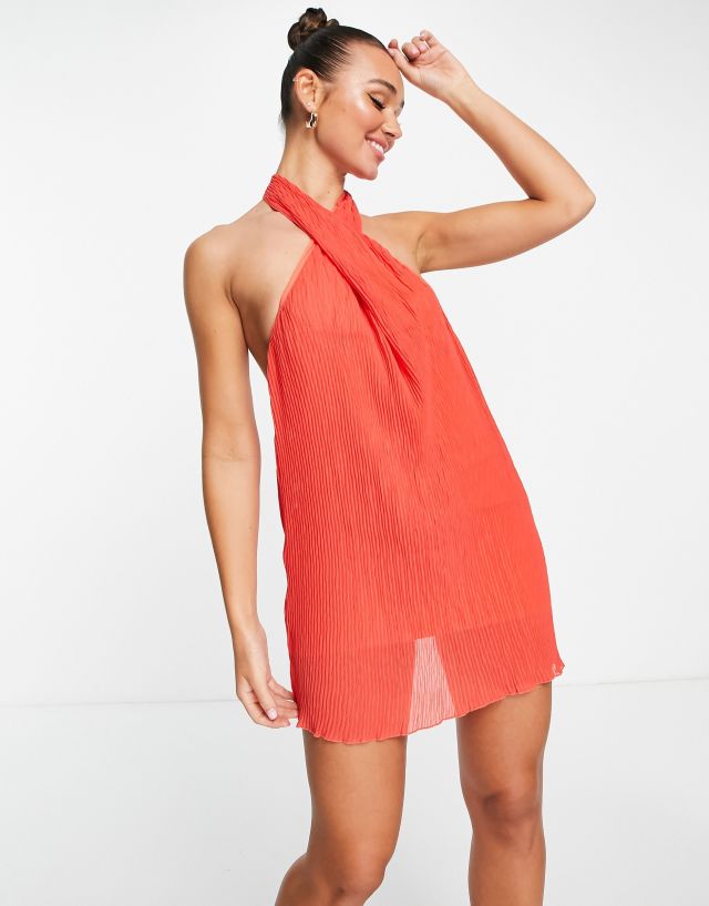 ASOS DESIGN plisse halter mini dress in red